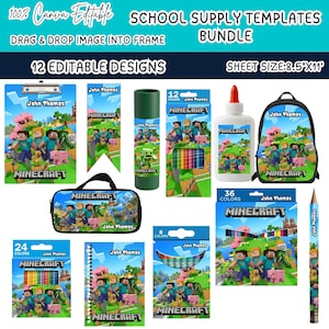 Editable School Supply Templates with Cartoon Characters,Super Hero Back to School Canva Bundle, Crayon & Notebook Personalized Kids Labels