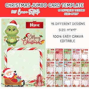 Puede incluir: Plantilla de tarjeta navideña gigante con 15 diseños diferentes, tamaño 28cm x 43cm. El diseño incluye a Grinch, Papá Noel y otros personajes festivos. El texto dice "Christmas Jumbo Card Template" y "100% Easy Canva Editable".