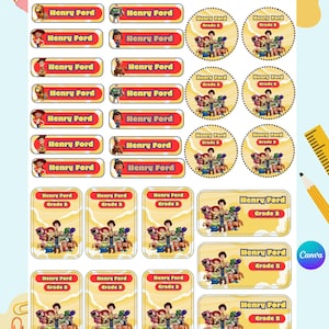 May include: A sheet of adhesive labels featuring Toy Story characters and the name Henry Ford. The set includes rectangular and circular stickers with yellow, red, and blue accents, displaying the text Henry Ford and Grade 2 in various layouts.