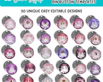 May include: A collection of 30 memorial pin button templates in pink and purple hues. Each button features a unique design with angel wings, portraits, and text. The text includes phrases like "Memory" and "Name Here". The image also includes the text "100% Canva Editable".