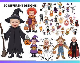 May include: A digital template featuring 30 Halloween costume designs, including a witch, clown, ghost, scarecrow, and vampire. Text includes "Canva Editable", "30 Halloween Costumes Photo Frame Template", "30 Different Designs", "Make your own Face", and "Drag & Drop Image".
