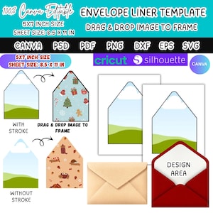 May include: An envelope liner template with the text "100% Canva Editable" and "Envelope Liner Template". The template includes various design options, including a Christmas-themed pattern and a design area. The sheet size is 21.59 x 27.94 cm, and the liner size is 12.7 x 17.78 cm.