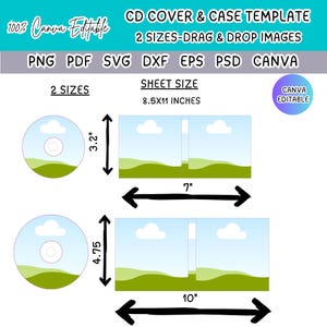Könnte beinhalten: Eine digitale Vorlage für CD-Cover und -Hüllen mit zwei Größen und Drag-and-Drop-Bildfunktion. Das Design umfasst Abmessungen von 8,1 cm und 12,1 cm Höhe sowie 17,8 cm und 25,4 cm Breite. Die Vorlage ist Canva-editierbar.