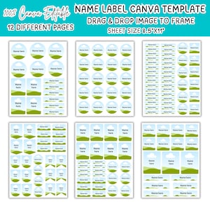 May include: A digital Canva template for name labels featuring 12 different pages of 8.5x11 inch sheets. Each sheet contains various circular and rectangular labels with a light blue sky, white clouds, and green hills design, including the text Name here.