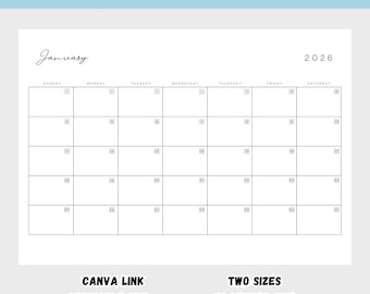 Calendário Mensal 2026, Formato Paisagem, Elegante, Calendário de Parede com 12 Meses, Imprimível em PDF, PNG e Canva, Editável, Planejador para o Ano Novo de 2026