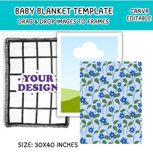 May include: Baby blanket template with three design options. The template includes a grid design, a landscape scene, and a floral pattern. The blanket size is 30x40 inches. The text reads "Baby Blanket Template" and "Drag & Drop Images to Frames."
