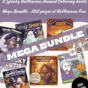 Könnte beinhalten: Ein Paket mit acht Halloween-Malbüchern mit dem Text "Mega Bundle" und "265 Seiten Halloween Fun". Die Bücher zeigen Illustrationen von Geistern, Hexen, Kürbissen und gemütlichen Szenen. Die Bücher sind in verschiedenen Größen und Farben.