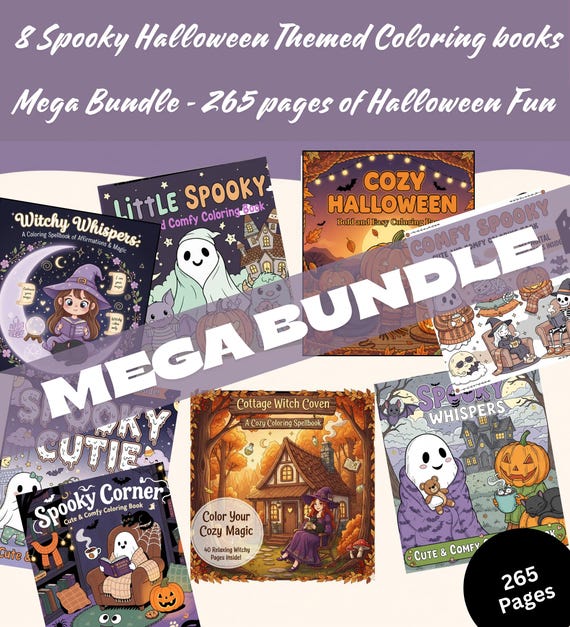 Halloween Coloring Books Bundle 8 Books 265 pages Coco Wyo Cute Cozy Spooky Comfy Bold Easy Digital Coloring PDF Pages for Kids Teen Adults