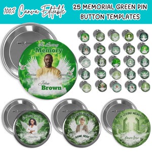 以下が含まれることがあります： 25個の記念グリーンピンボタンテンプレートのコレクション。ボタンには、人々の画像、天使の羽、および「In Loving Memory」のテキストが表示されます。「100％Canva Editable」のテキストが左上にあります。