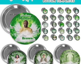 25X In Loving Memory Green Pin Button Templates,Mega Memorial RIP Photo Badge PNG Designs,Funeral Favor Canva Editable Digital Design Bundle