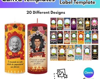 May include: Cylinder candle label templates with 20 different designs. The image shows two candles with portraits and text, along with various label designs. The templates are Canva editable and feature a drag and drop interface.