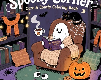 May include: A whimsical illustration of a ghost reading a book titled "Wittich's Cocoa" while sitting in a cozy armchair. A black cat sits on the chair's back. The scene is set in a spooky corner with a pumpkin, spider, and the text "Spooky Corner Cute & Comfy Coloring Book".