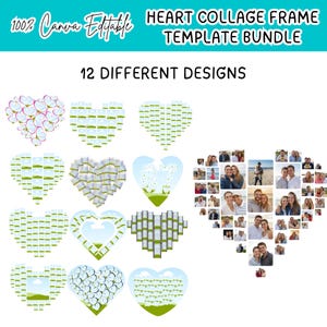 May include: A digital template bundle featuring 12 heart-shaped collage designs. The designs include various arrangements of photos, landscapes, and decorative elements. Text at the top reads "Heart Collage Frame Template Bundle" and "100% Canva Editable".
