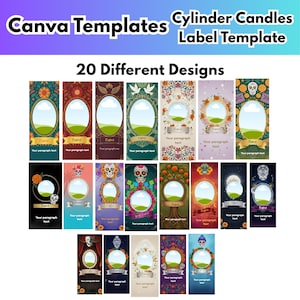Op de afbeelding: Een promotieafbeelding met 20 verschillende sjablonen voor cilindrische kaarsenlabels. Elk ontwerp heeft een ovale lijst voor een foto en tekstvelden voor een naam en een paragraaf. De ontwerpen variëren in kleur en stijl.