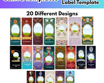 May include: A promotional image showcasing 20 different cylinder candle label templates. Each design features an oval frame with space for a photo or image, and text fields for a name and paragraph. The designs vary in color and style.