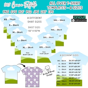 May include: A digital design template for all-over t-shirts, featuring nine different sizes from XS to 5XL. The design includes the text "100% Canva Editable" and "All Over T-Shirt Templates - 9 Sizes". The sheet size is 52" x 52".