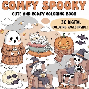Puede incluir: Portada de un libro para colorear digital con las palabras "Comfy Spooky" y "Cute and Comfy Coloring Book". La imagen presenta ilustraciones temáticas de Halloween, incluyendo un fantasma, un gato, una calabaza, murciélagos y un esqueleto leyendo.