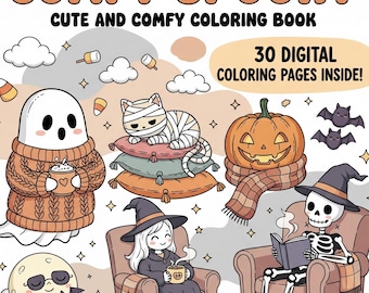 Comfy Spooky 30 Page Cozy Coloring Book Digital Halloween Coloring Pages PDF Cute Kawaii Ghost Autumn Fall Activity for Kids Adults & Teens