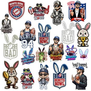 May include: A collection of digital art featuring the words "Benito Bowl" and "Bad Bunny". The images include cartoon characters, footballs, and bunny ears. The color palette includes red, blue, white, and black.