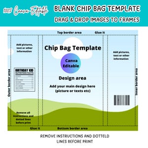 Blank Chip Bag Template Canva Editable,Chip Bag Label Customizable frames,Printable Party Favor DIY Packaging,Custom Potato Chip wrapper svg