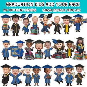 May include: A digital template with cartoon illustrations of children in graduation attire. The images include children wearing graduation caps and gowns, holding books, diplomas, and signs. Text at the top reads "GRADUATION KIDS ADD YOUR FACE".