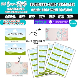 Puede incluir: Plantilla de tarjeta de visita con un diseño de cielo azul y paisaje verde. La plantilla incluye el texto "Company Name" y está disponible en varios formatos, incluyendo Canva, PSD y PNG. El tamaño de la hoja es de 21,59 x 27,94 cm.