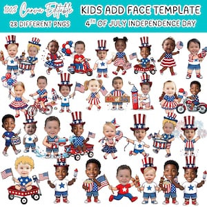 May include: A digital collection of 28 editable PNG templates featuring cartoon children with American flag-themed clothing, hats, and accessories for 4th of July Independence Day. The text reads 100% Canva Editable and Kids Add Face Template.