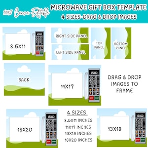 May include: Digital template for a microwave gift box, with four sizes: 21.6x27.9 cm, 27.9x43.2 cm, 33x48.3 cm, and 40.6x50.8 cm. The design includes panels for the sides, top, and bottom, with a drag-and-drop image feature.