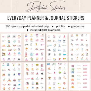 Könnte beinhalten: Digitaler Download von Aufklebern für Alltagsplaner und Journale. Das Bild zeigt eine Vielzahl farbenfroher Aufkleber mit Illustrationen und Text, darunter Symbole für tägliche Aktivitäten und Erinnerungen. Die Aufkleber sind vorgeschnitten und als einzelne PNGs, PDF-Dateien und für GoodNotes verfügbar.