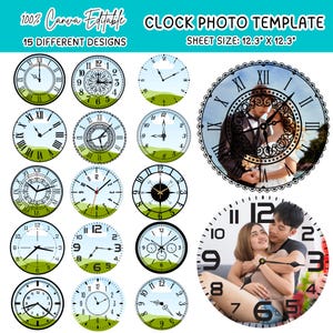 May include: A digital clock photo template set featuring 15 different circular clock face designs with various numeral styles and landscape backgrounds. The sheet size is 12.3 inches by 12.3 inches. Includes two large examples showing a couple.