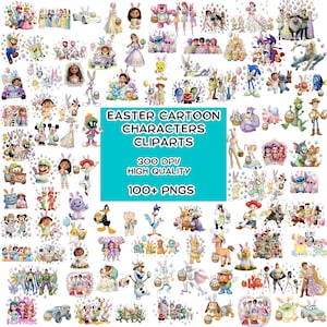 Può includere: Una collezione di clipart di personaggi dei cartoni animati a tema pasquale. L'immagine presenta vari personaggi, tra cui Disney, Looney Tunes e altre figure popolari, tutti con elementi legati alla Pasqua. Il testo sull'immagine recita "Easter Cartoon Characters Cliparts, 300 DPI, High Quality, 100+ PNGs."