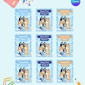 May include: Nine rectangular labels featuring the cartoon characters Bluey and Bingo. Each label displays the text Henry Ford and Grade 2 in a blue, dark blue, or tan header box. The background is light blue with a white cloud pattern border.
