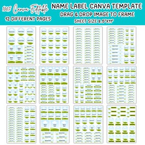 May include: A digital Canva template for name labels featuring 12 different pages of printable stickers. Each sticker displays a landscape graphic with a blue sky, white clouds, and green hills. The sheet size is 8.5 inches by 11 inches.