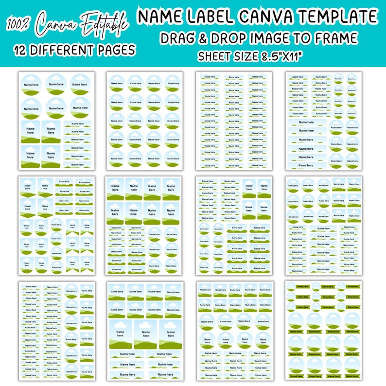 May include: A digital Canva template for name labels featuring 12 different pages of printable stickers. Each sticker displays a landscape graphic with a blue sky, white clouds, and green hills. The sheet size is 8.5 inches by 11 inches.