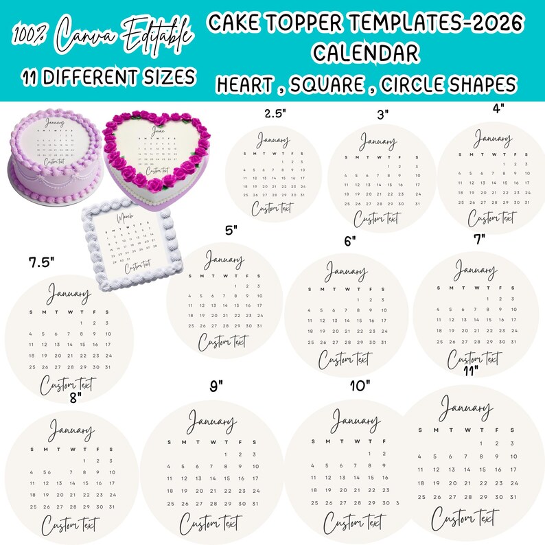 Generic Calendar Topper Burn Away Cake Topper Template Bundle,canva Editable Digital Calendar ...