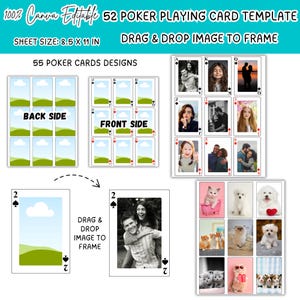 May include: A digital template for 52 poker playing cards. The design includes front and back card layouts, with space to drag and drop images. The sheet size is 8.5 x 11 inches. The template features 55 poker card designs.