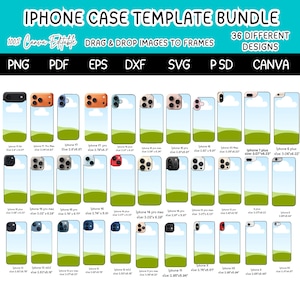 以下が含まれることがあります： 36種類のデザインとドラッグ＆ドロップフレームを備えたiPhoneケーステンプレートバンドル。デジタルファイルにはPNG、PDF、EPS、DXF、SVG、PSD、Canva形式が含まれています。各テンプレートには、青い空と緑の丘の風景グラフィックが表示されています。