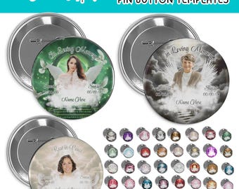 40 In Loving Memory Pin Button Templates,Mega Memorial RIP Photo Badge PNG Designs,Funeral Favors Canva Editable Digital Design Bundle