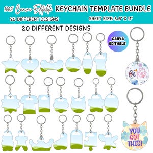 May include: A digital bundle of 20 keychain templates in various shapes, including stars, hearts, and bones, featuring a landscape graphic of a green hill and blue sky. The text reads 100% Canva Editable, Keychain Template Bundle, and 8.5" x 11".
