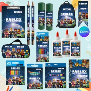 Peut inclure: Un ensemble de fournitures scolaires sur le thème Roblox avec le nom JAYDIN, comprenant un presse-papier, des crayons, une trousse, un sac à dos, un marque-page, des flacons de colle et des boîtes de crayons de couleur et de craies.