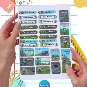 May include: A white sheet of rectangular and square adhesive labels featuring Minecraft-themed graphics, including characters like Steve and zombies. Each label is personalized with the name John Thomas and various grade levels, printed in a pixelated font style.