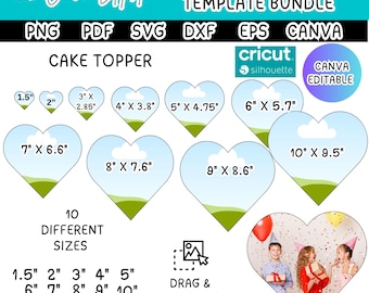 Paquete de plantillas para decoración de tartas con foto de corazón quemada, plantilla digital editable de Canva para decoración de tartas, plantilla en blanco para cupcakes, SVG y PNG