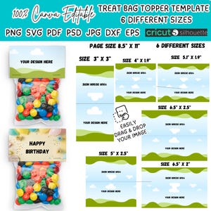 Könnte beinhalten: Eine digitale Vorlage für Tütenaufleger, bearbeitbar in Canva. Das Design umfasst sechs verschiedene Größen mit Optionen für PNG-, SVG-, PDF-, PSD-, JPG-, DXF- und EPS-Formate. Die Vorlage hat ein Landschaftsdesign mit Platz für Anpassungen und den Text "Your Design Here".