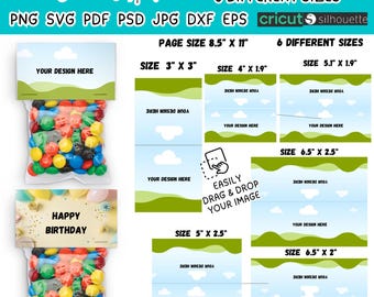 Mega paquete de plantillas de adornos para bolsas de regalo, plantilla de diseño de artículos de cumpleaños editables de Canva, adorno para bolsa de regalo PNG, SVG, PSD, EPS, Cricut Silhouette