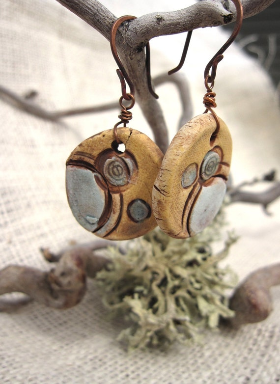 Items similar to Rustic Ceramic Earrings with Circle Design on Etsy