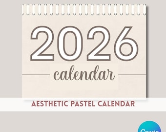 Calendario pastel estético editable 2026 / Planificador mensual imprimible en PDF / Plantilla reutilizable de Canva / Descarga digital para el hogar o la carpeta