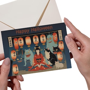 Japanische Halloween-Karte - Geist & Kürbis-Design, druckbare PDF-Grußkarte