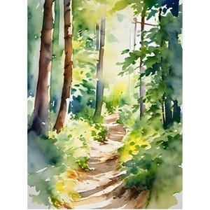 Arte mural de sendero forestal: póster de acuarela japonesa en PDF, caligrafía "Mori no Komichi", impresión de naturaleza zen, decoración digital de bosque sereno
