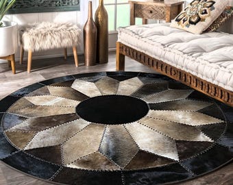 Round Cowhide Patchwork Rug: Black, Brown & Beige Hair-On-Hide