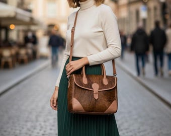 Handmade Cowhide Leather Messenger Bag: Brindle Brown Hair-On Satchel